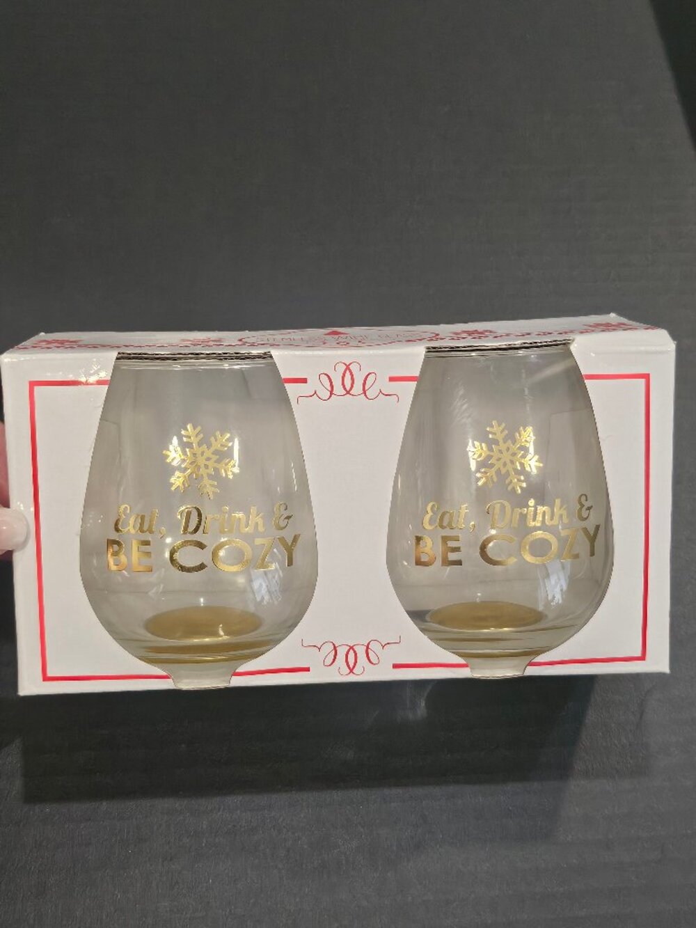 TMD Holdings Eat Drink & Be Cozy Holiday Stemless Wine Glasses Set of Two 16 Oz.